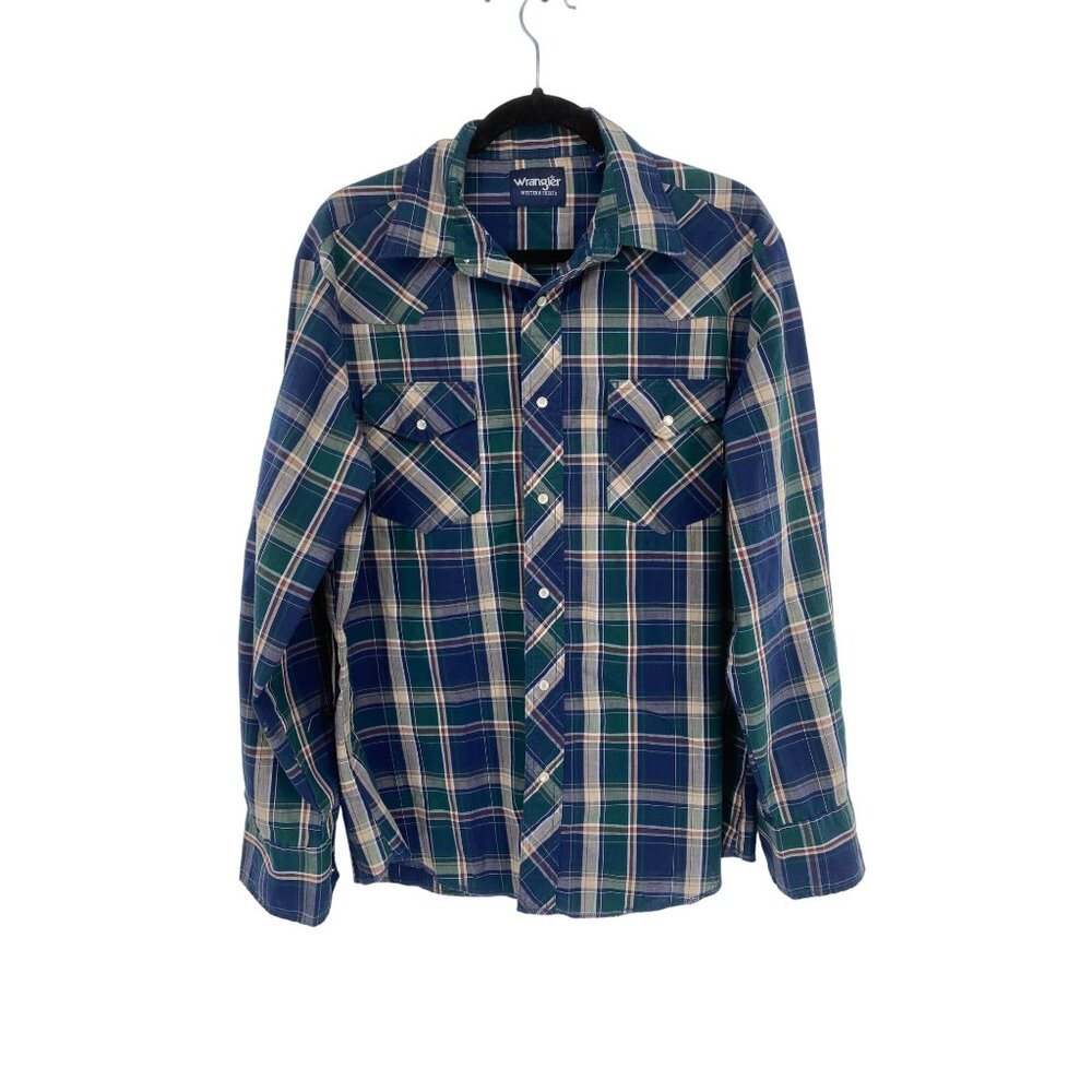 WRANGLER Western Fashion Men’s L BLUE GREEN  Plaid Cowboy Rodeo Pearl Snap Shirt